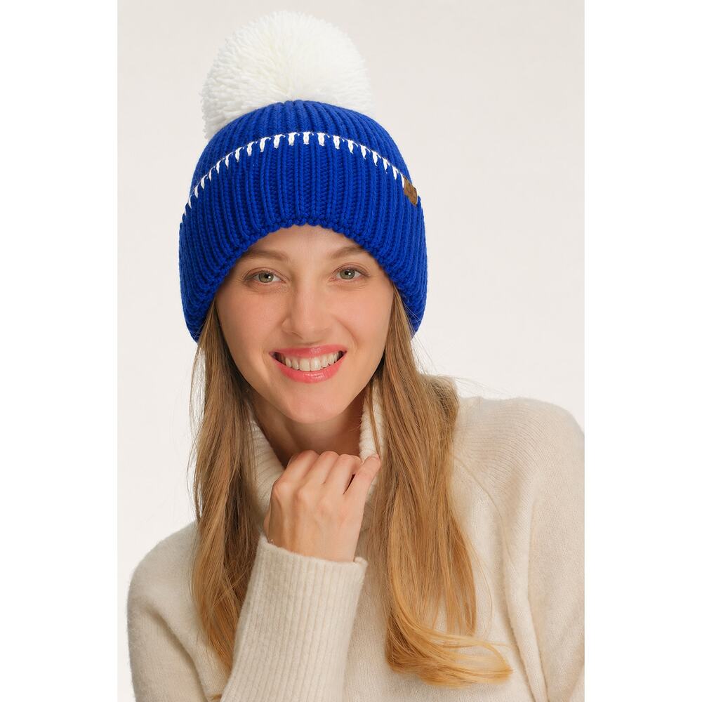 C.C Blue Yarn Pom Game Day Team Stitch Point Beanie Hat - Picture 2 of 3